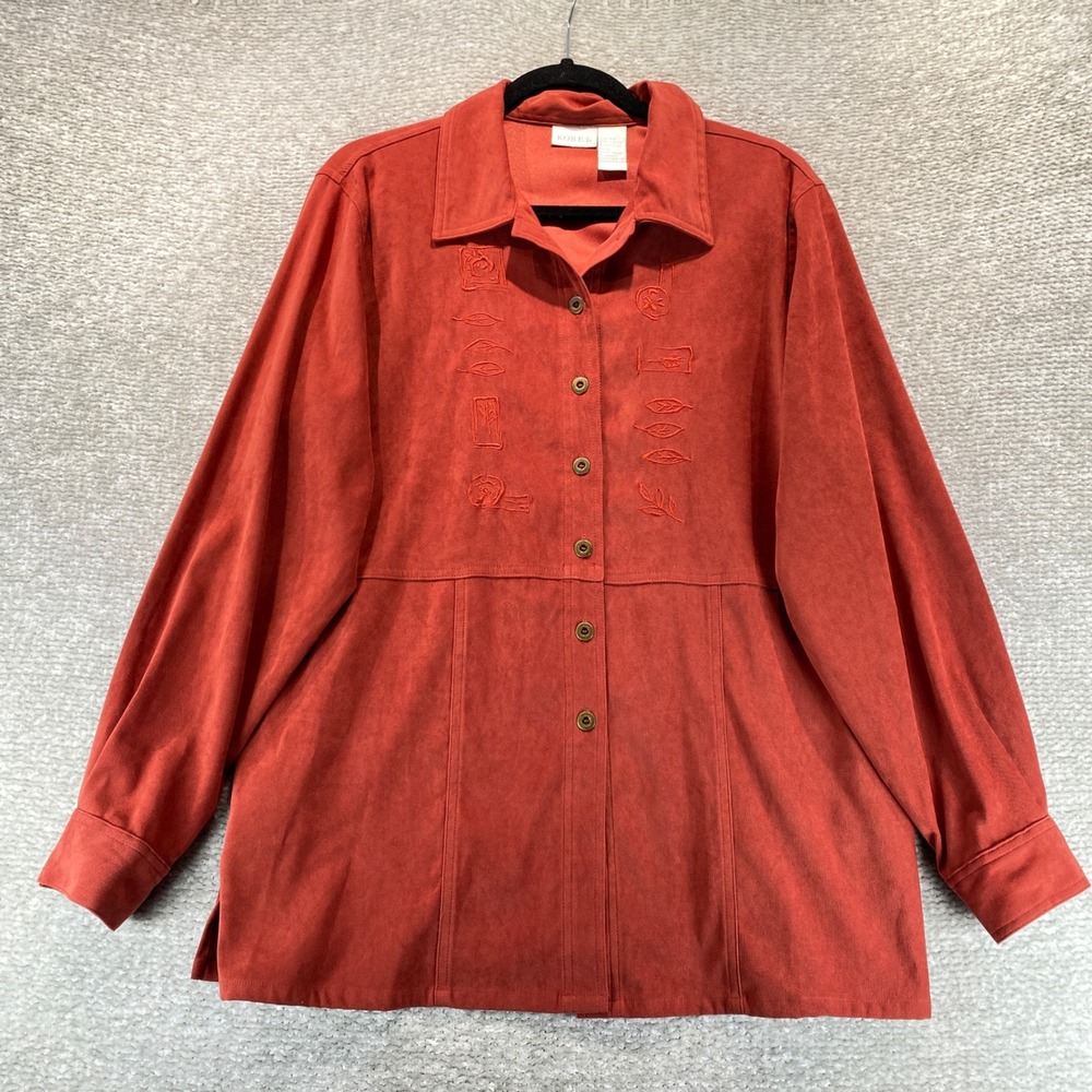 Koret‎ Womens Rust Orange Embroidered Faux Suede Button Down Shirt Jacket Large